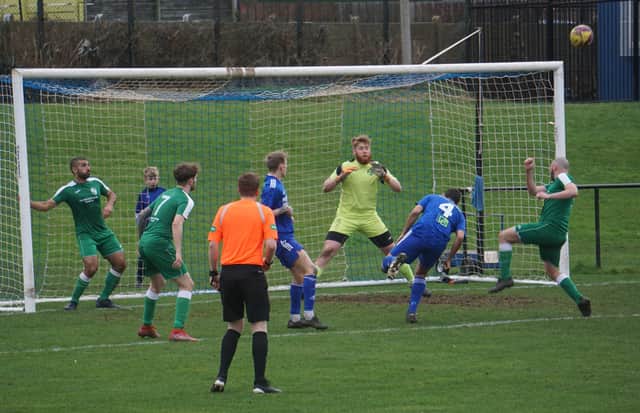 Thornton Hibs on the defensive during Saturday's narrow defeat at Preston Athletic (Submitted pic)
