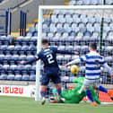 Lewis Strapp clears for Morton as Raith's Reghan Tumilty tries his best to get the ball past 'keeper Jack Hamilton and over the goal line (picture by Fife Photo Agency)