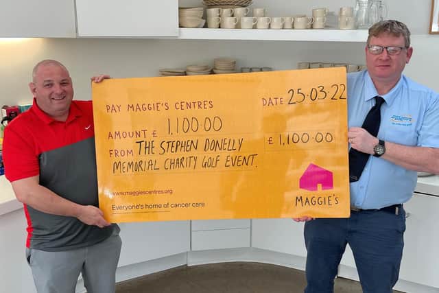 Gordon Hindley and Darren Bremner presenting the cheque to Maggie's.