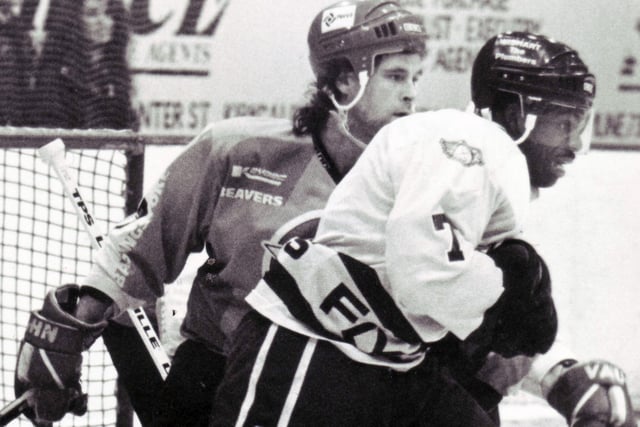 Bobby Brown had a short spell with Fife Flyers.
In the background of this photo is a future Flyers' defenceman, Russ Parent of Basingstoke Bison in a 1994 game  (Pic: Ian Alexander)