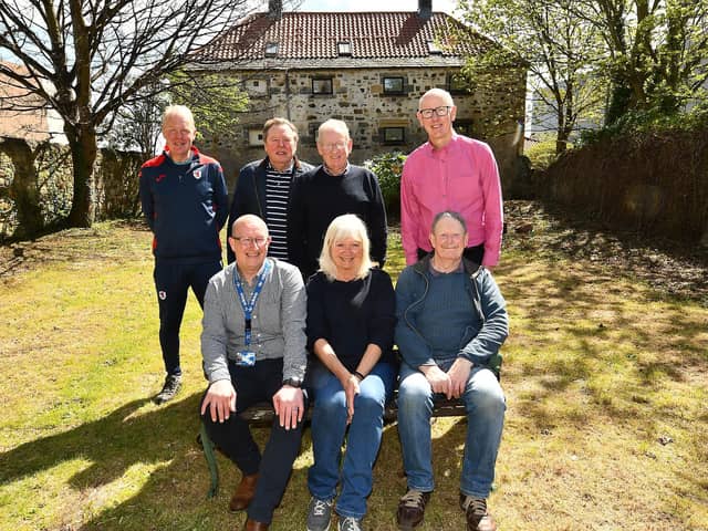 The tercentenary garden party will take place in the shadow of 1 Adam Smith Close. Pictured are: Stewart Biggar; Cllr Blair Allan; Robert Main – Trustee ASGF; Cllr Alistair Cameron; Gary Meldrum – Projects Officer, Community Payback Team; Alice Soper, Growing Kirkcaldy; George Proudfoot – Trustee ASGF (Pic: Fife Photo Agency)