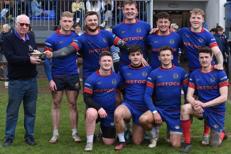 Kirkcaldy, winners of the Bill Ferrier Quaich, with the man it's named after at Saturday's Howe of Fife Sevens (Photo: Chris Reekie)