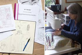 Some of Julie Campbell's illustrations, and Pat Beveridge at work in her studio. Both artists are taking part in Central Fife Open Studios 2022.