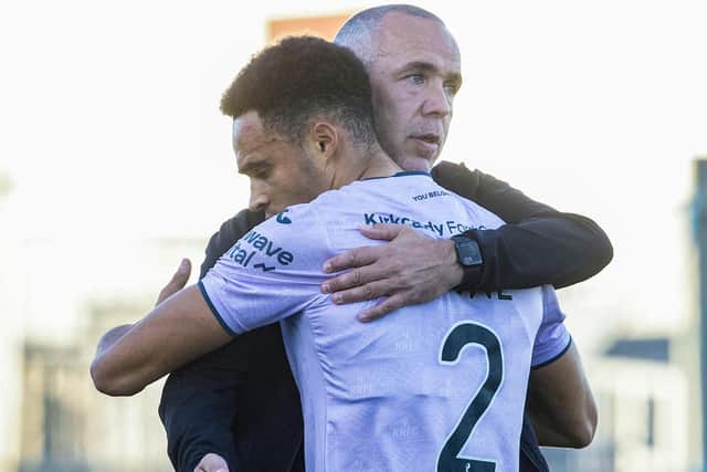 Raith Rovers manager Dougie Imrie with Jai Rowe at full-time after the Fifers’ 1-1 William Hill Championship draw away to Stenhousemuir at Ochilview Park on Saturday (Photo: Alan Harvey/SNS Group)