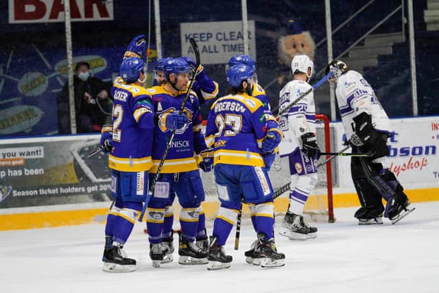 Fife Flyers celebrate one of their final goals in the last game of the season (Pic: Jillian McFarlane)