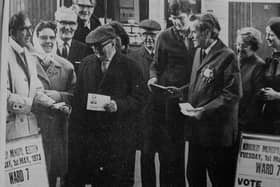 Council elections in Kirkcaldy, 1973 - left is Alan H. Potter (Ratepayers Party) along with George F. Moss (Labour) canvassing voters outside Pathhead Halls (Pic: Fife Free Press)