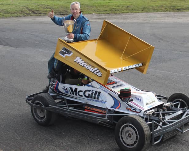Gordon Moodie with gold roof and trophy at Nutts Corner (Pic Jack Watson)