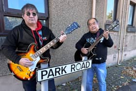 Garry and Charlie busking at the Carlton site of The Beatles' Kirkcaldy gig | Pic John Murray