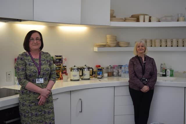 From left: Dr Jackie Fearn,  consultant clinical psychologist and Wilma Brown, NHS Fife employee director in the new support hub for staff based in the Maggie’s Centre adjacent to Victoria Hospital. Pic: Craig Hamilton/NHS Fife.