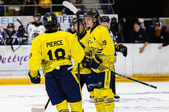Fife Flyers celebrate scoring against Glasgow Clan