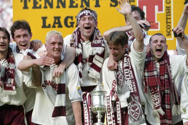 Colin Cameron (1st right) celebrates winning 1998 Scottish Cup with team-mates Stefano Salvatori, David Weir, Steve Fulton, Jim Hamilton and Neil McCann (Pic SNS Group)
