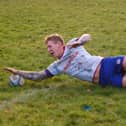 Kieran Mitchell scoring the sixth try for Kirkcaldy against Berwick last weekend (Pics by Michael Booth)