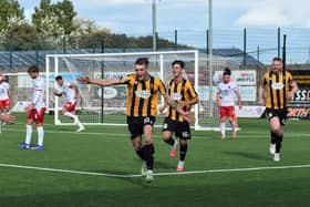 Cammie Ross wheels away to celebrate his and East Fife’s second goal against Ross County last Saturday afternoon (Pictures by Kenny Mackay)