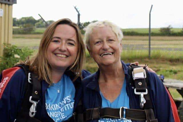 Valerie and Sus completed their skydive to raise money for the Parkinson's Fife group.  (pic: submitted)
