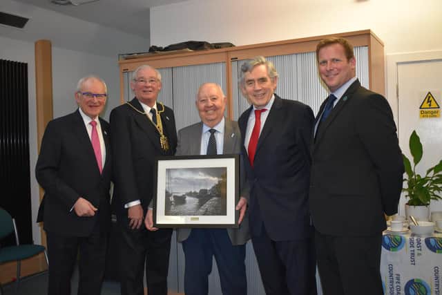 Fife Coast & Countryside Trust presentation to Bill Taylor. From left:  Stephen Carter, Chair FCCT Board, Provost Jim Leishman, Bill Taylor, Rt Honourable Gordon Brown, Jeremy Harris CEO FCCT.