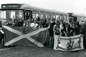 Two coachloads of employees from Burroughs Machines, Glenrothes, pictured before heading off for the Scotland versus Czechoslovakia match at Hampden in September 1977