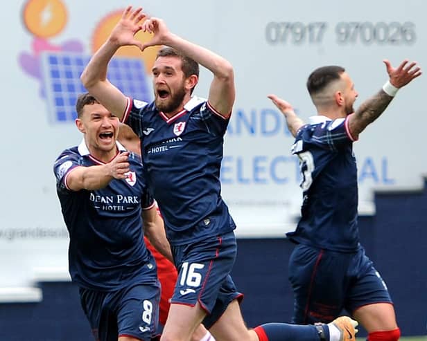 Sam Stanton celebrating putting Raith Rovers 1-0 up at home to Dunfermline Athletic seven minutes ahead of half-time on Saturday (Pic: Fife Photo Agency)
