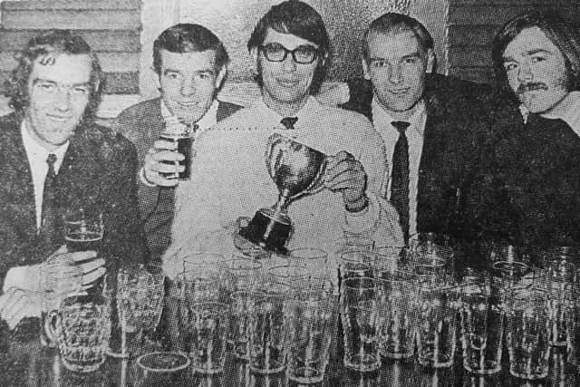 Winners of the 1972 speed drinking competition staged at the Alma Bowl, Kirkcaldy was a team from Kirkcaldy Cricket Club - The winning team pictured features Bob Fairful, Joe McLuskey, Jim McFadyen, Bob Carruthers, and Brian Diack.