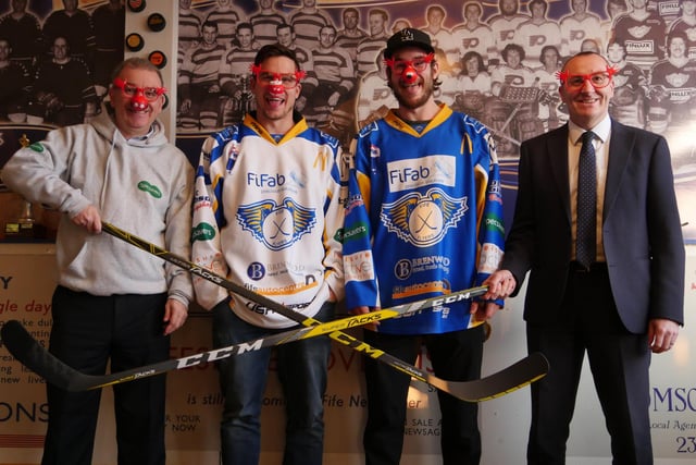Brian Cameron and Chase Schaber from Fife Flyers help promote Comic Relief in 2017 with Neil Dibble (left) and Gary Wood, directors at Specsavers.