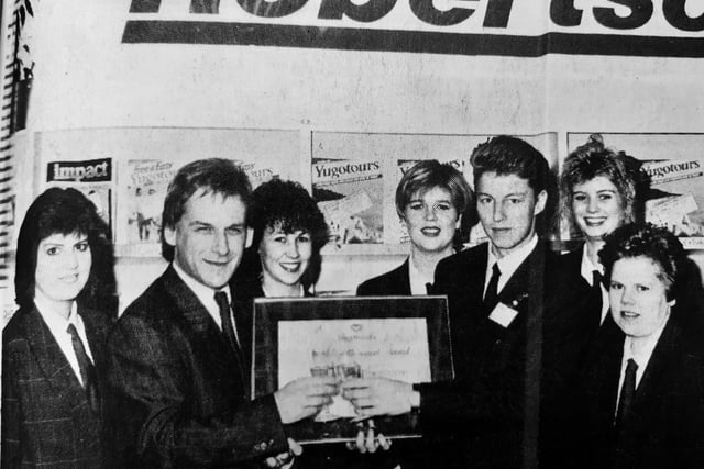 Robertson World Travel in The Postings, Kirkcaldy, won the national; Yugotours special achievement award for outstanding sales in 1988.
Pictured are: Lesley Thomson, Mark Robertson (managing director), Leona Davies, Nathalie Cordier, Stuart Corrigan (area manager, Yugotours), Anna Nolan and Kirsten Anderson.