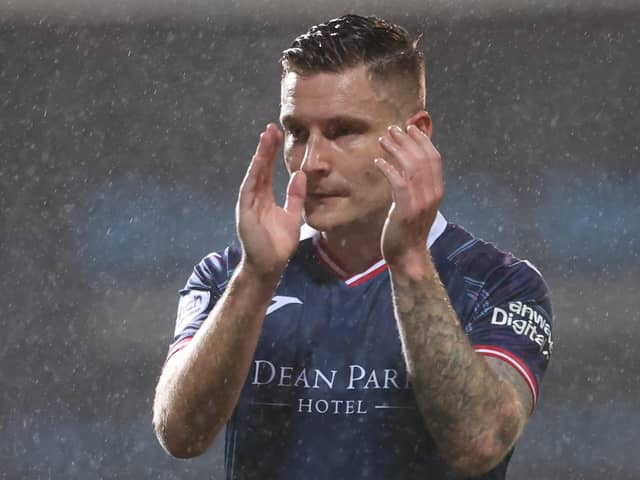 Euan Murray applauds travelling Raith fans after scoring winner at Partick Thistle (Pic Ross MacDonald/SNS Group)