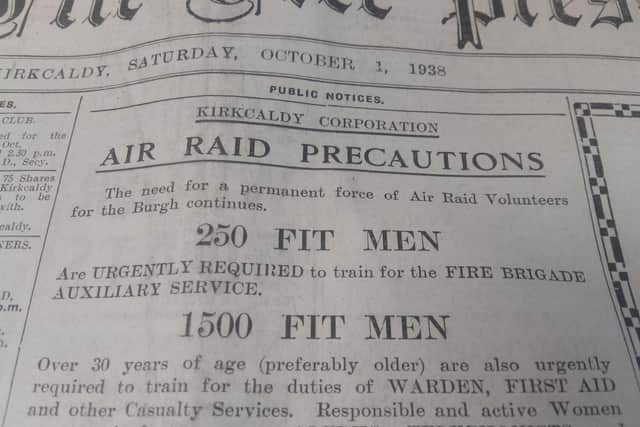 Fife Free Press, 1938 advert for volunteers to become air raid wardens