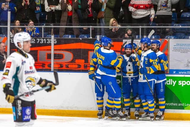 Fife Flyers celebrate a goal against Belfast Giants (Pic: Derek Young)