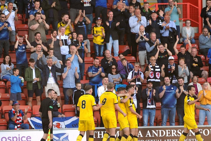 September 21, 2019: Airdrieonians 0-1 Raith Rovers. League 1 clash decided by goal from Grant Anderson, who celebrates with team-mates in front of fans (Pic FPA)