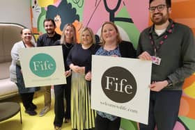 Linn Williamson and Karen Christie from the Welcome to Fife team celebrate the launch of the new strategy with staff from the newly refurbished Adam Smith Theatre in Kirkcaldy, where the Fife Tourism Conference will be held in 2024. (Pic: Submitted)