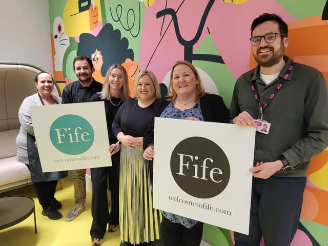 Linn Williamson and Karen Christie from the Welcome to Fife team celebrate the launch of the new strategy with staff from the newly refurbished Adam Smith Theatre in Kirkcaldy, where the Fife Tourism Conference will be held in 2024. (Pic: Submitted)