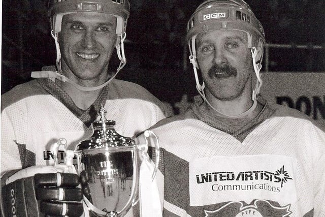 NHL legends Laurie Boschman and Doug Smail with the Scottish Cup won during their spell with Fife Flyers