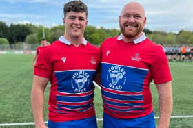Howe of Fife's Fraser Allan, left, and Euan Bissett ahead of Caledonia Reds' 58-27 victory against Glasgow and the West in Inverness on Saturday (Photo: Alex McGregor)