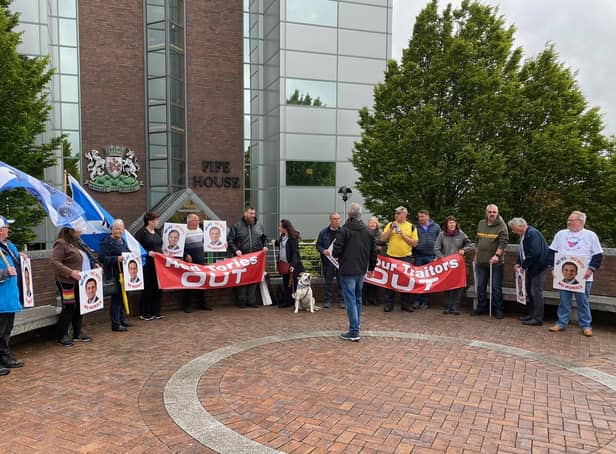 Protesters outside Fife House this morning.
