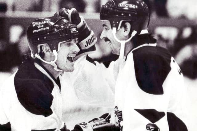 Fife Flyers, Tony Szabo (left) with defenceman, and Milan Figala (Pic: Bill Dickman)