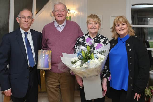 Cllr Carol Lindsay presented flowers to the couple on behalf of Fife Council, and Col Jim Kinloch DL represented the Lieutenancy (Pic: Andrew Beveridge)
