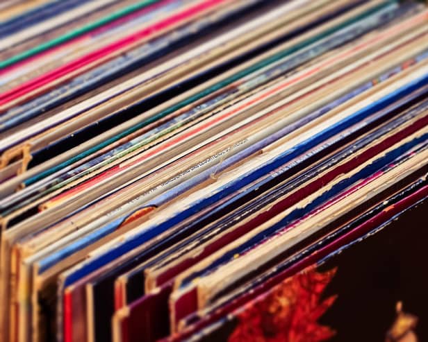 Racks of vinyl records.