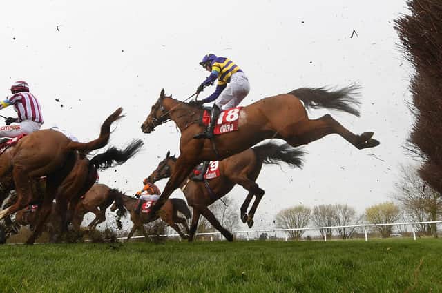Derek Fox on Corach Rambler  in the blue and yellow silks, jumps a hurdle in the The Ultima Handicap Chase race during day one of the Cheltenham Festival. Pic by Mike Hewitt/Getty Images
