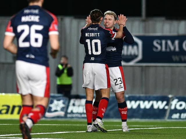 Raith Rovers loanee Ethan Ross celebrates during a match against Montrose playing for League One champions-elect Falkirk (Photo: Michael Gillen)