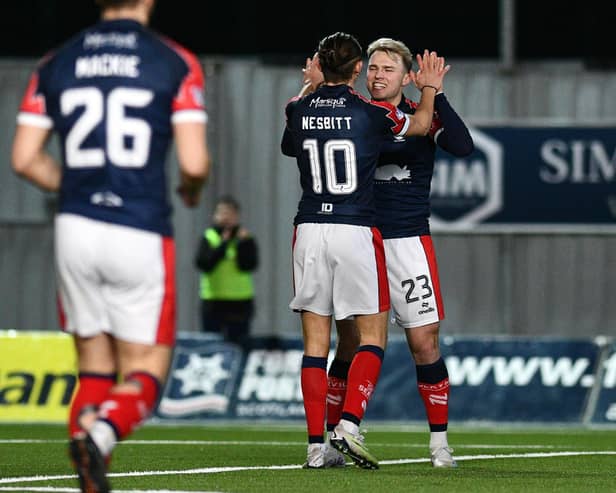 Raith Rovers loanee Ethan Ross celebrates during a match against Montrose playing for League One champions-elect Falkirk (Photo: Michael Gillen)