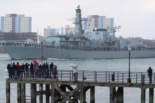 The Royal Navy Type 23 frigate HMS Kent, part of the Carrier Strike Group 21 mission, leaves Portsmouth Naval Base in Hampshire ahead of the departure of HMS Queen Elizabeth, for exercises off Scotland before heading to the Indo-Pacific region.