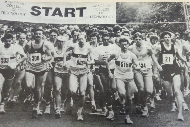 The start of the 1988 Kirkcaldy Half Marathon, the first ever race through the town. It started at Dunnikier Park and ended in the Town Square. 
Charlie Haskett, Dundee Hawkhill Harriers, was the first ever winner