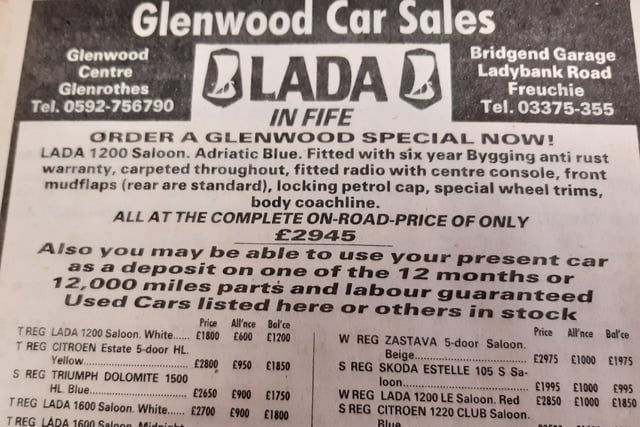 Glenwood Car Sales was a Lada dealer with two garages in Fife.
And a T-reg Lada Saloon would set you back £1200...