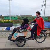 Student Andrew Byrne-King pilots new Rector Dr Leyla Hussein OBE on her 'drag' around St Andrews.