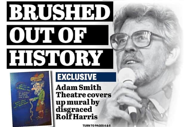 Front page of the Fife Free Press from July 2014 with exclusive report on painting over a cartoon done by disgraced entertainer Rolf Harris at the Adam Smith Theatre