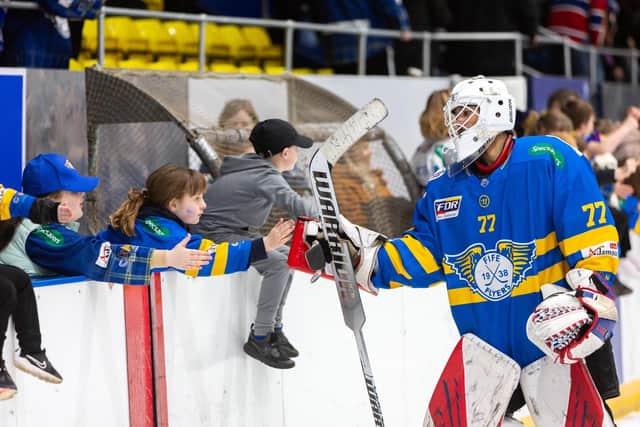 High fives for new netminder Dominic Salama after Sunday's win (Pic: Derek Young)