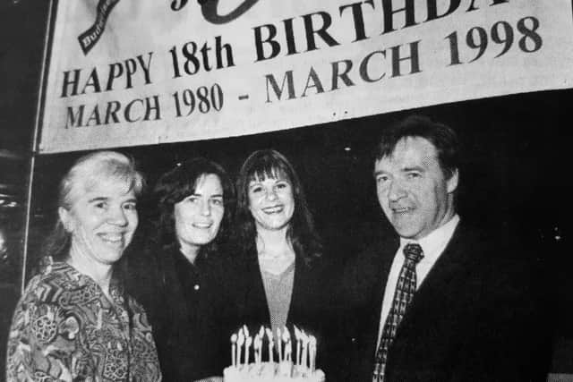 18th birthday for Jackie O in March 1998 - pictured are Hilda Kinnaird, Beverly McKenzie, manager, Fiona Dingwall, assistant manager, and Alan Law DJ