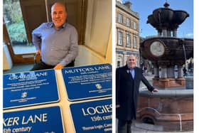 Dita Stanis-Traken with the blue plaques and at the George Whyte Melville fountain | Pics Contributed