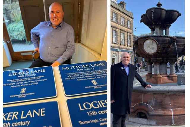 Dita Stanis-Traken with the blue plaques and at the George Whyte Melville fountain | Pics Contributed
