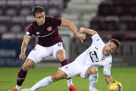 Hearts' Olly Lee and Lewis Vaughan during Tuesday's Betfred Cup match. (Photo by Bill Murray / SNS Group)