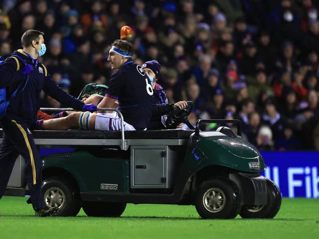 Jamie Ritchie is carried off the pitch after an injury during the Guinness Six Nations match between Scotland and England. Photo by David Rogers/Getty Images